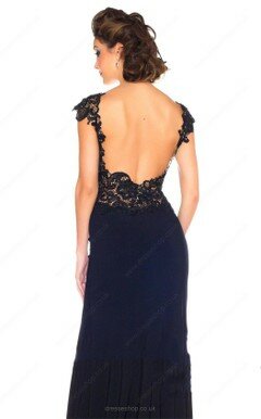 Sheath/Column Split Front Scoop Neck Black Silk-like Satin Lace Open Back Evening Dresses #02018381