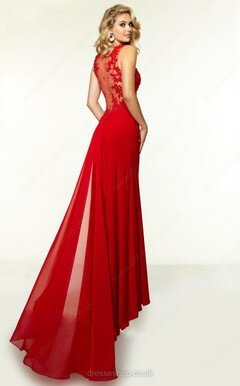 Scoop Neck Split Front Red Chiffon Silk-like Satin Appliques Lace Ankle-length Evening Dress #02018406