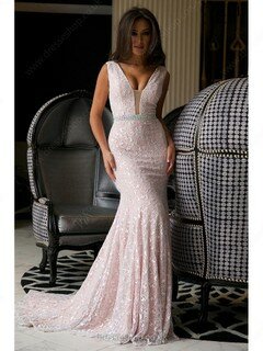 Gorgeous Trumpet/Mermaid V-neck with Beading Pearl Pink Lace Evening Dress #02018556