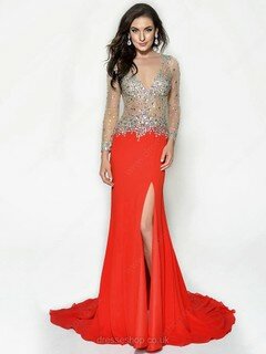 Chiffon Tulle Crystal Detailing Sheath/Column Red Open Back Long Sleeve Evening Dress #02018586