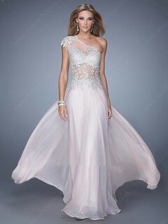 Chiffon Tulle with Appliques Lace Expensive Pink One Shoulder Evening Dresses #02018619