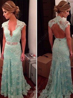 Trumpet/Mermaid V-neck Lace Sweep Train Beading Prom Dresses #02018720