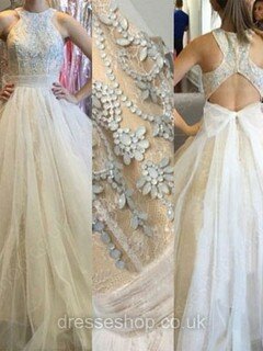 A-line Scoop Neck Tulle Floor-length Beading Prom Dresses #02018920