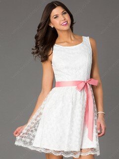 Casual Scoop Neck Short/Mini Sashes/Ribbons White Lace Prom Dresses #02019203