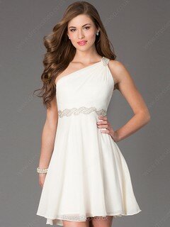 Short/Mini Ivory Chiffon Beading Cheap One Shoulder Prom Dress #02019205