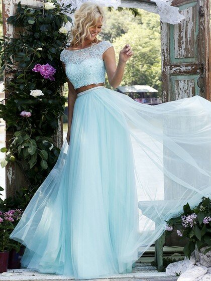 Two Piece Scoop Neck Blue Chiffon with Beading A-line Unique Prom Dress #020100065