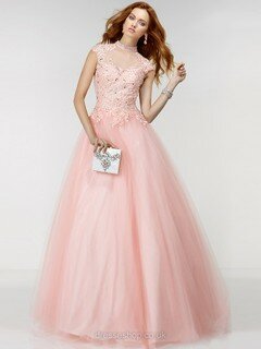 High Neck Cap Straps Pink Tulle Appliques Lace Princess Lace-up Prom Dresses #020100066
