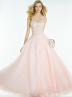 Princess Sweetheart Pink Lace-up Tulle Pearl Detailing Prom Dresses #020100088