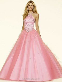 Vintage Princess Halter Satin Tulle Crystal Detailing Pink Prom Dresses #020100097