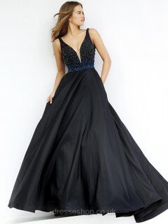 Elegant Black A-line Elastic Woven Satin with Beading V-neck Prom Dresses #020100101
