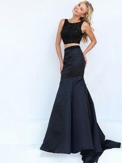Trumpet/Mermaid Scoop Neck Satin with Beading Two Piece Black Prom Dresses #020100106