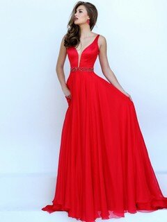 Beautiful V-neck Straps Chiffon Sweep Train with Beading Red Prom Dresses #020100111