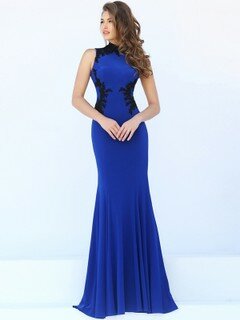 Trumpet/Mermaid Silk-like Satin Appliques Lace Royal Blue High Neck Prom Dresses #020100112