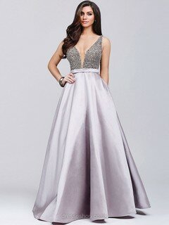 Princess Satin with Crystal Detailing Newest Open Back V-neck Prom Dress #020100127