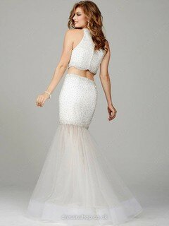 Trumpet/Mermaid Scoop Neck White Satin Tulle Beading Two Pieces Prom Dress #020100147