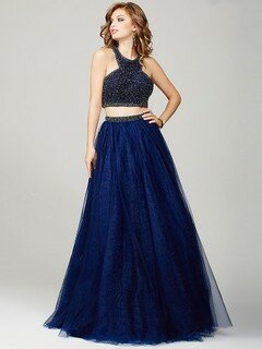 Dark Navy Lace Tulle Scoop Neck Beading Popular A-line Prom Dress #020100148