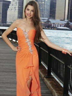 Sheath/Column Split Front Sweep Train Lace-up Orange Chiffon Prom Dresses #020100238