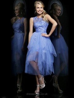 Tea-length Scoop Neck Blue Tulle Beading Beautiful Prom Dresses #020100266