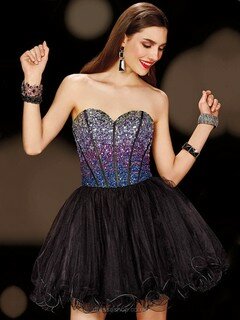 Perfect Sweetheart Crystal Detailing Short/Mini Black Tulle Prom Dress #DS020100676