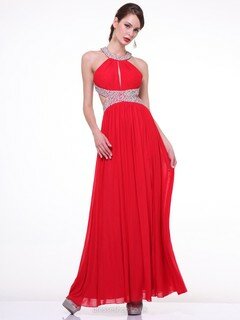 Popular Scoop Neck Red Chiffon Beading Ankle-length Prom Dress #DS020100698