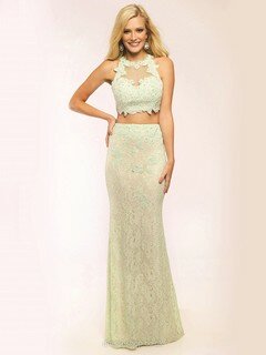 Sheath/Column Scoop Neck Beading Sage Lace Two Pieces Prom Dresses #DS020100707