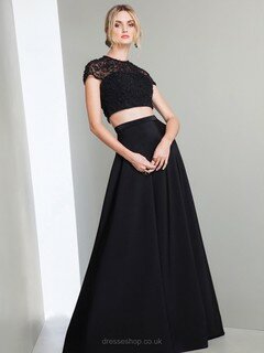 Two Pieces Scoop Neck Black Tulle Silk-like Satin Beading Short Sleeve Prom Dresses #DS020100730