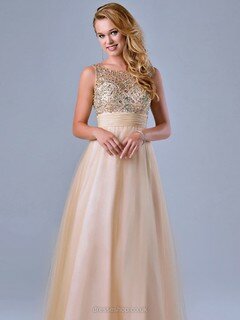 Champagne Tulle Scoop Neck Crystal Detailing Backless Floor-length Prom Dress #DS020100745