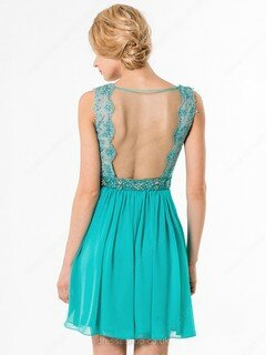 New Style V-neck Appliques Lace Short/Mini Chiffon Prom Dresses #DS020100780