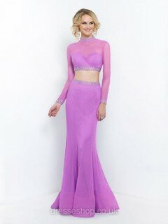 Trumpet/Mermaid High Neck Tulle Beading Lilac Two Piece Long Sleeve Prom Dress #DS020100850