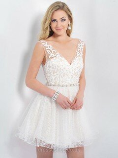 V-neck Open Back White Tulle with Pearl Detailing Short/Mini Prom Dress #DS020100870