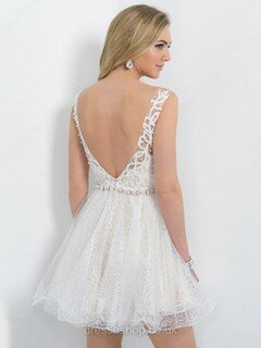 V-neck Open Back White Tulle with Pearl Detailing Short/Mini Prom Dress #DS020100870