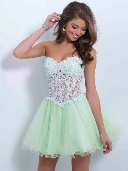 Sweetheart Sage Tulle with Appliques Lace Short/Mini Sweet Prom Dress #DS020100879