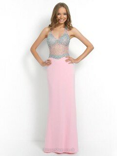 Sheath/Column V-neck Tulle Silk-like Satin Crystal Detailing Pink Sexy Prom Dress #DS020100882