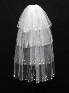 Four-tier White Fingertip Bridal Veils with Faux Pearl #DS03010147