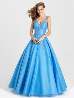 V-neck Blue Tulle Taffeta Beading Open Back Floor-length Prom Dresses #DS020101033