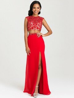 Two Pieces Sheath/Column Split Front Red Chiffon Scoop Neck Prom Dresses #DS020101035