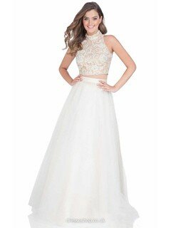 A-line High Neck Appliques Lace Ivory Tulle Two Pieces Prom Dress #DS020101036