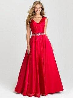 Vintage Princess Red Satin Pleats V-neck Prom Dresses #DS020101067