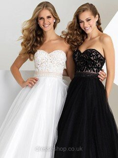Best Sweetheart White Tulle Appliques Lace A-line Prom Dresses #DS020101081