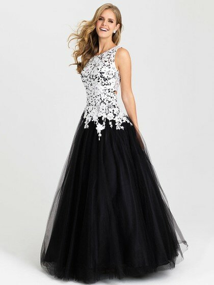 Scoop Neck Black Tulle Appliques Lace Floor-length Backless Prom Dress #DS020101090