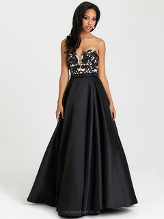 Different Sweetheart Appliques Lace Floor-length Black Satin Prom Dress #DS020101091