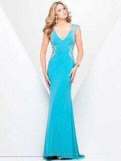 Trumpet/Mermaid V-neck Silk-like Satin with Beading Blue Open Back Evening Dress #DS02023405