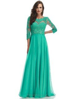 Scoop Neck 3/4 Sleeve Chiffon Appliques Lace Modest Sweep Train Evening Dresses #DS02023440