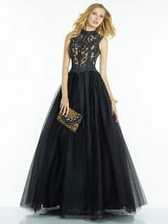 Princess Open Back Black Lace Tulle Ruffles High Neck Prom Dress #DS020100896