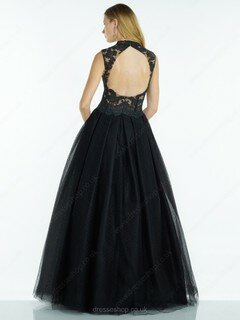 Princess Open Back Black Lace Tulle Ruffles High Neck Prom Dress #DS020100896