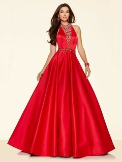 Halter Red Open Back Elastic Woven Satin Beading Princess Prom Dresses #DS020100910