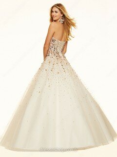 Sparkly Ball Gown Lace-up Tulle Sequins Ivory Floor-length Prom Dress #DS020100911