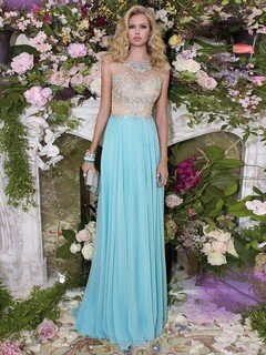 Cap Straps Scoop Neck Chiffon Crystal Detailing Light Sky Blue Floor-length Prom Dress #DS020100921
