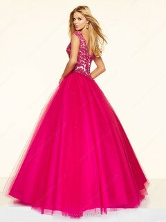 Ball Gown V-neck Fuchsia Tulle Appliques Lace Ladies Prom Dresses #DS020100930