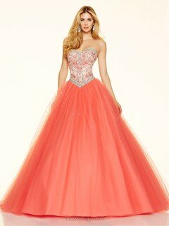 Elegant Ball Gown Sweetheart Tulle Beading Orange Prom Dresses #DS020100945